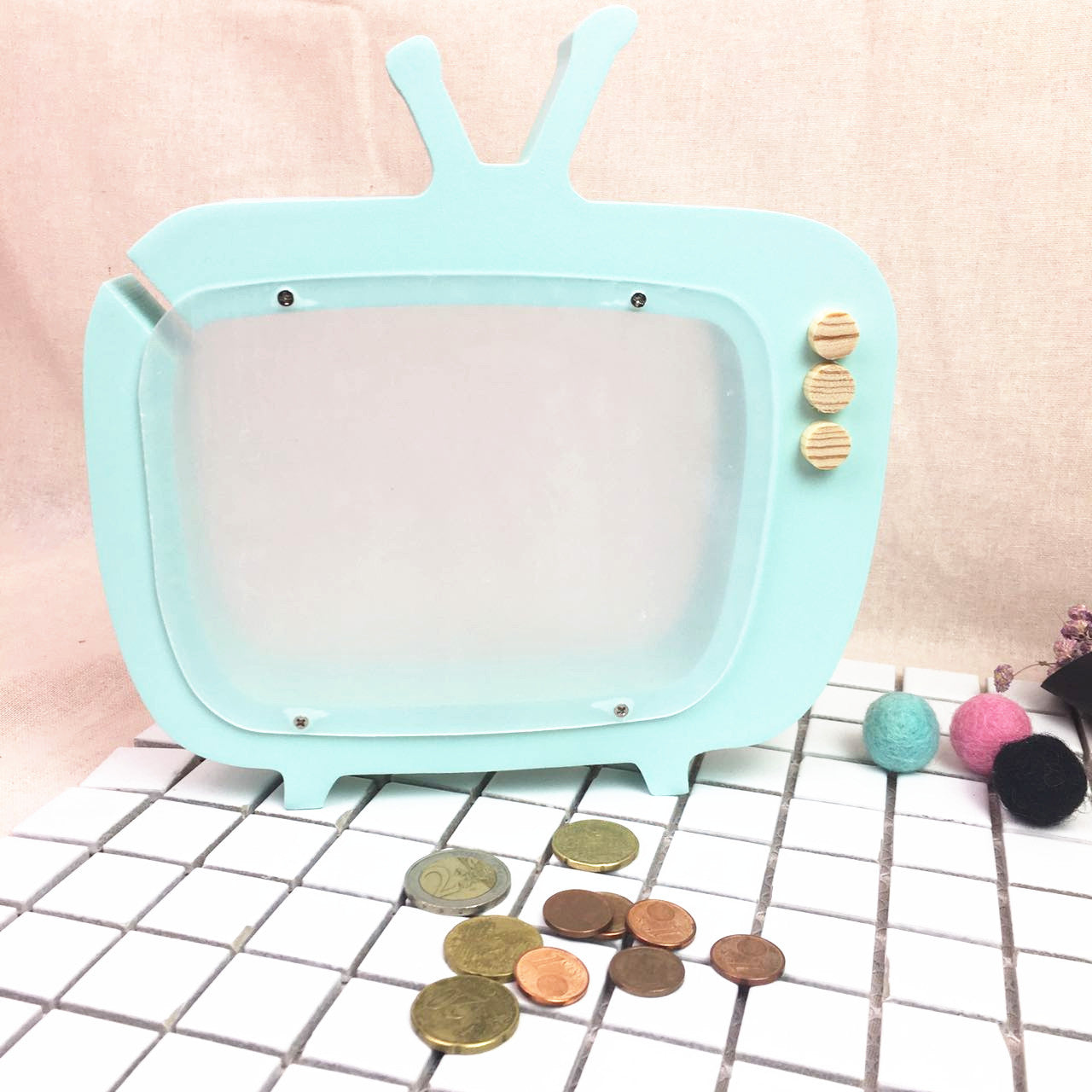 Wooden TV piggy bank