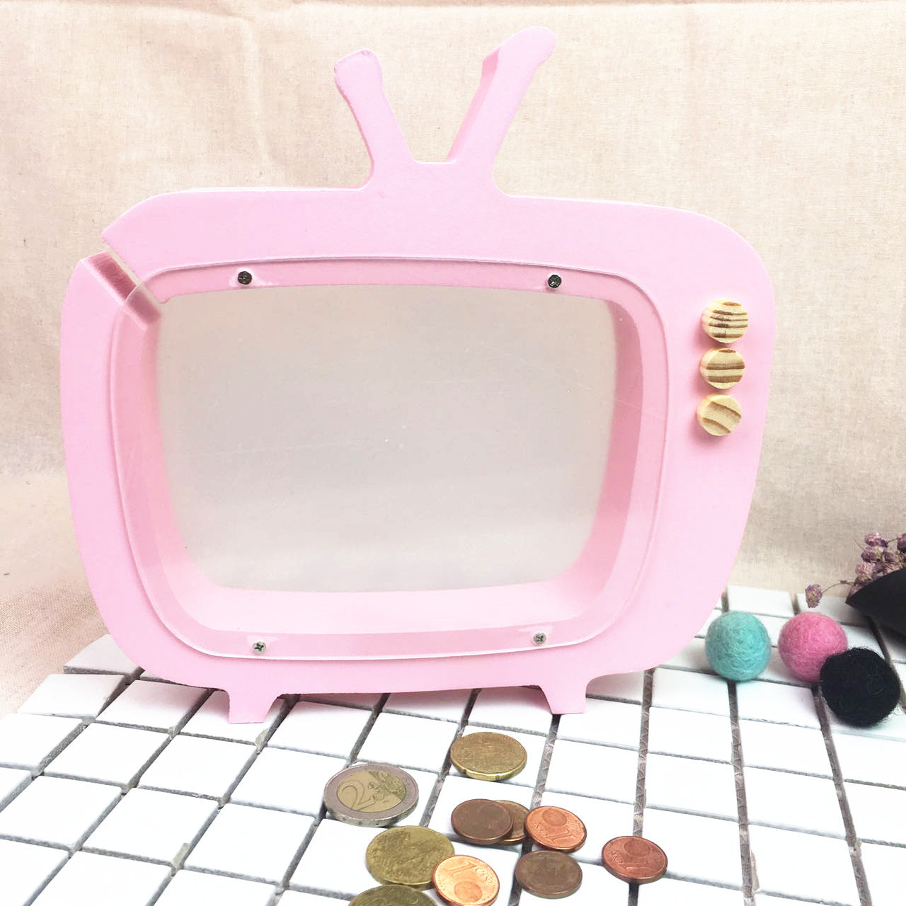 Wooden TV piggy bank