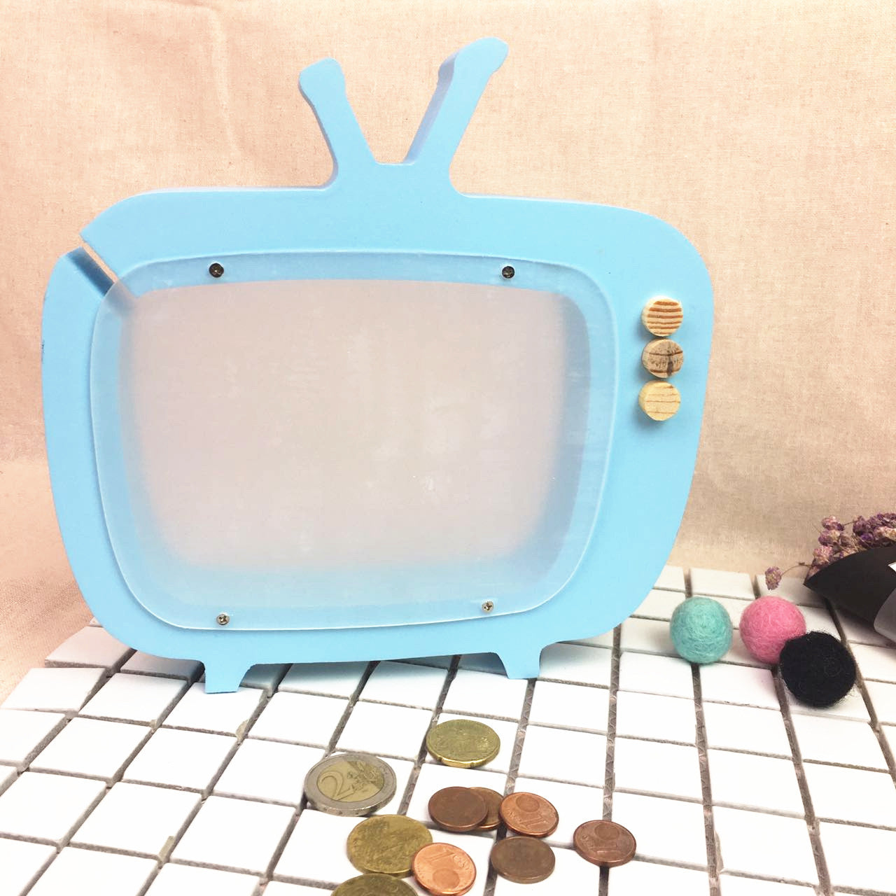 Wooden TV piggy bank