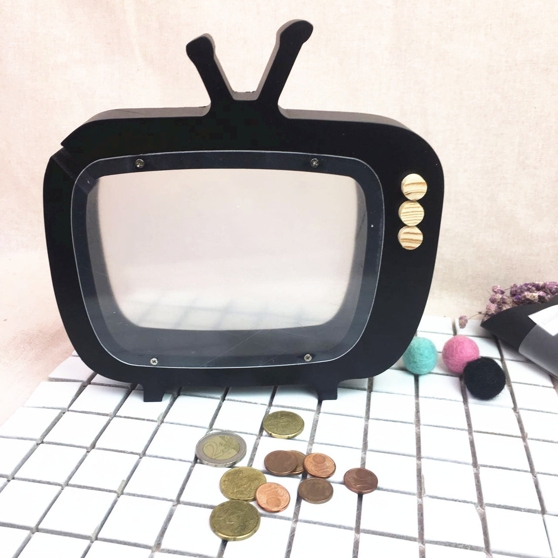 Wooden TV piggy bank