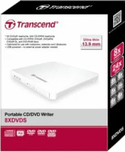 Transcend DVW EXT SLIM USB white TS8XDVDS-W retail
Transcend TS8XDVDS-W. Couleur du produit: Blanc. Utilité: PC de bureau/PC portable, Lecteur optique: DVD±RW, Interface: USB 2.0. Largeur: 148 mm, Profondeur: 142,8 mm, Hauteur: 13,9 mm