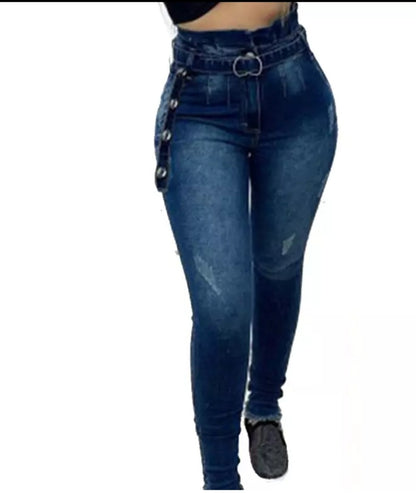 Femmes Jean taille haute femme pantalon en Jean lavé maigre Streetwear Sexy femme Jean Long pantalon pantalon avec ceintures bleu