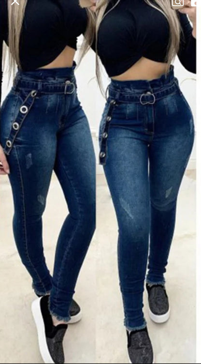 Femmes Jean taille haute femme pantalon en Jean lavé maigre Streetwear Sexy femme Jean Long pantalon pantalon avec ceintures bleu