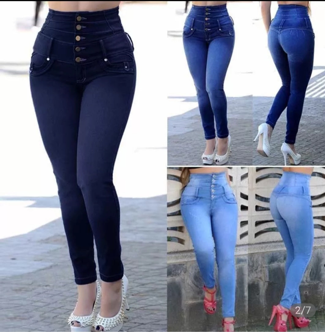 Pantalons en jean extensible pour femmes, Streetwear, Slim, bleu, Slim, boutons taille haute, rue, collection décontracté