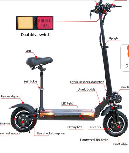 Trottinette électrique pliable avec siège pour adultes, batterie de 20ah, 2000w