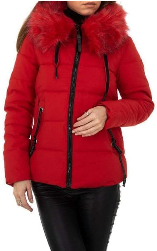 Veste Femme capuche fausse fourrure rouge