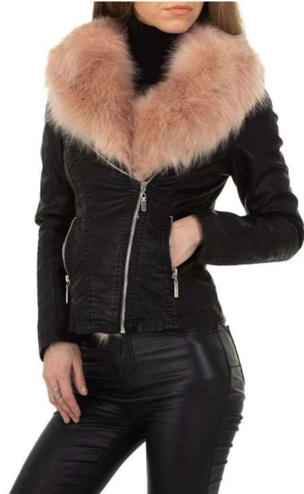 Veste Femme colle fausse fourrure rose noir