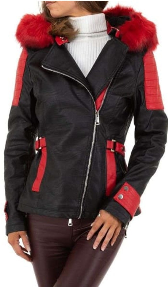 Veste Femme avec fausse fourrure noir et rouge 