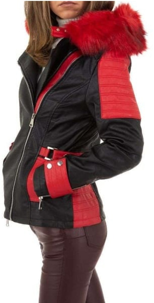 Veste Femme avec fausse fourrure noir et rouge 